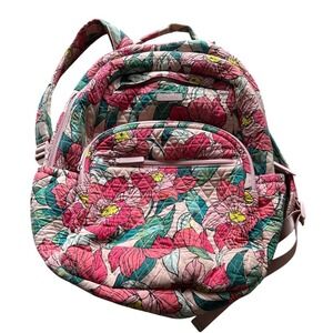 Vera Bradley Pink Floral Quilted Cotton Backpack Multi Pocket Travel School Bag